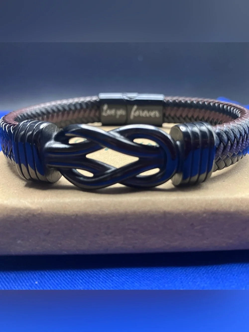 Joycuff Infinite Black Braided Leather Men’s Bracelet with Decorative Clasp